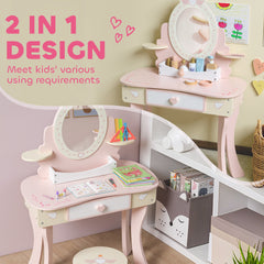 Kids Vanity Set, Girls Dressing Table with Mirror and Stool, 7 Accessories, Drawers, Desktop Storage, Pink