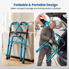 One-Button Folding Aluminum Walking Frame Walker Folding Walker for Seniors and Limited Mobility Users-Navy