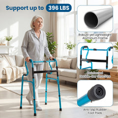 One-Button Folding Aluminum Walking Frame Walker Folding Walker for Seniors and Limited Mobility Users-Navy