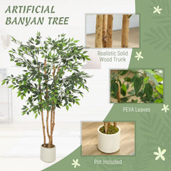 4FT Artificial Banyan Tree Set of 2, Fake Potted Tree with Solid Wood Trunk and Pot for Indoor