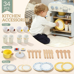 Wooden Dishwasher Playset, Play Sink Toys with Faucet, Turning Knobs and Accessories, Gift for Boys Girls Toddlers