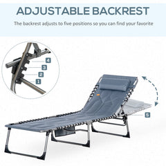 Outdoor Lounge Chair, Folding Chaise Lounge, Patio Padded Tanning Chair with 5-position Adjustable Backrest, Pillow and Pocket for Deck, Beach, Lawn and Sunbathing, Beige