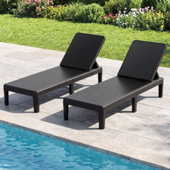 Set of 2 Outdoor Chaise Loungers in Rattan Textured Resin, 330 lb Each, Black