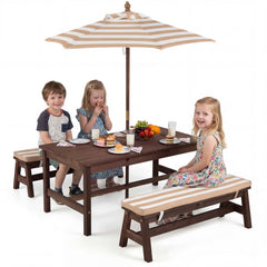 Outdoor Wooden Kids Picnic Table with Removable Umbrella and Cushions-Coffee