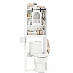 Over Toilet Storage Cabinet with Sliding Barn Door and Open Shelves for Bathroom-White