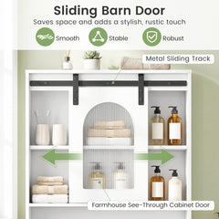 Over Toilet Storage Cabinet with Sliding Barn Door and Open Shelves for Bathroom-White