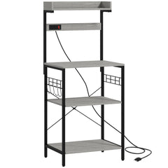 Kitchen Baker's Rack with Power Outlet, Coffee Bar Station with Adjustable Shelves and Hooks, Distressed Grey