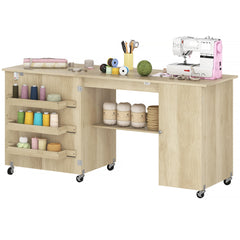 Sewing Machine Table with Drop Leaf, Folding Craft Table with 2 Doors and Adjustable Shelf for Small Spaces, Brown