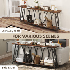 71" Console Table, Industrial 2-Tier Narrow Entryway Table with Metal Frame for Living Room, Hallway, Rustic Brown