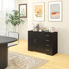 Modern Sideboard Buffet Cabinet with Drawers and Beadboard Door Cupboard Kitchen Storage Cabinet White