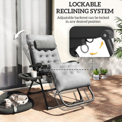 Padded Folding Recliner Chair, Patio Lounger with Cupholder, Adjustable Backrest, Removable Cushion, Black