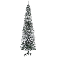 6ft Flocked Christmas Tree, Pencil Christmas Tree with Realistic Branch Tips, Folding Metal Stand, Green