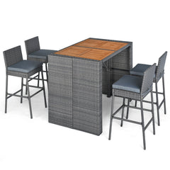 5 Piece Wicker Bar Height Patio Set, 48 Inch Acacia Top Table and Four Stools with Footrests, Grey