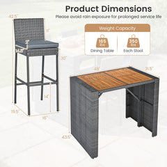 5 Piece Wicker Bar Height Patio Set, 48 Inch Acacia Top Table and Four Stools with Footrests, Grey