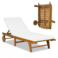 Folding Eucalyptus Chaise Lounge with Wheels and Thick Cushion, 400 lb