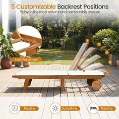 Folding Eucalyptus Chaise Lounge with Wheels and Thick Cushion, 400 lb