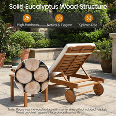 Folding Eucalyptus Chaise Lounge with Wheels and Thick Cushion, 400 lb