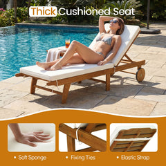 Folding Eucalyptus Chaise Lounge with Wheels and Thick Cushion, 400 lb