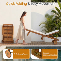Folding Eucalyptus Chaise Lounge with Wheels and Thick Cushion, 400 lb