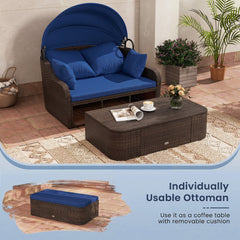 PE Rattan Daybed with Retractable Canopy and Separate Ottoman, Navy