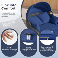 PE Rattan Daybed with Retractable Canopy and Separate Ottoman, Navy
