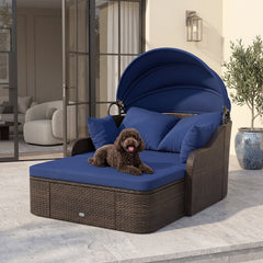 PE Rattan Daybed with Retractable Canopy and Separate Ottoman, Navy