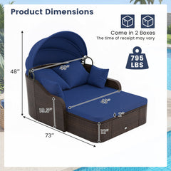 PE Rattan Daybed with Retractable Canopy and Separate Ottoman, Navy