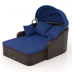PE Rattan Daybed with Retractable Canopy and Separate Ottoman, Navy