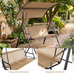 Patio Swing Chair with Adjustable Canopy & Removable Cushion and Metal Stand-Beige