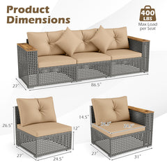 Wicker Sectional Set with Wooden Arm Tops, 1 Armless and 2 Corner Sofas, Beige