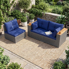 Wicker Sectional Set with Wooden Arm Tops, 1 Armless and 2 Corner Sofas, Navy