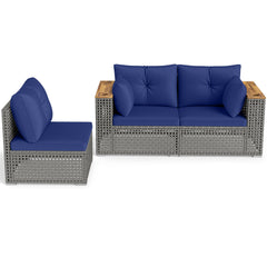 Wicker Sectional Set with Wooden Arm Tops, 1 Armless and 2 Corner Sofas, Navy