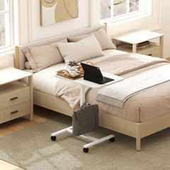 Height Adjustable Standing Desk, Pneumatic Sit Stand Desk with Wheels and Headphone Hook, Grey Wood Grain