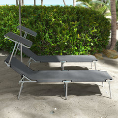 2Pcs Outdoor Lounge Chair, Adjustable Folding Chaise Lounge with Sun Shade for Beach, Camping, Hiking, Grey