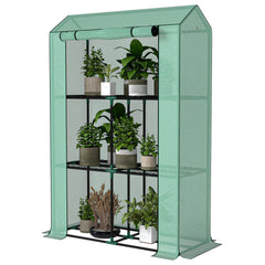 Mini Greenhouse with 3 Tier Shelves, 3 Roll-Up Doors for Indoor Outdoor, Green