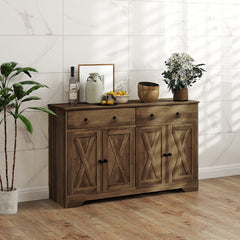 Sideboard Cabinet with 2 Drawers, 4 Barn Doors and 2 Adjustable Shelves, Buffet Table for Living Room, Black