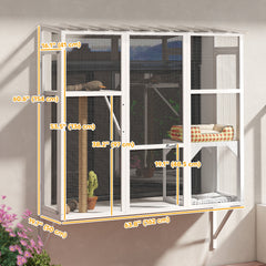 Wooden Catio Outdoor, Cat Window Box Enclosure for 2-3 Large Cats with 2 Jumping Platforms & Scratching Post, Grey