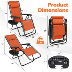 Portable Zero Gravity Chairs with Cup Holder Trays and Backrest Set of 2-Orange
