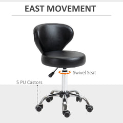 Adjustable Swivel Salon Stool with Backrest and Wheels, Office & Living Room Chair, Synthetic Leather, Black