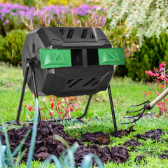 43 Gallon (160L) Tumbling Compost Bin Outdoor Dual Chamber 360° Rotating Composter with Sliding Doors, Solid Steel Frame and Gloves, Black