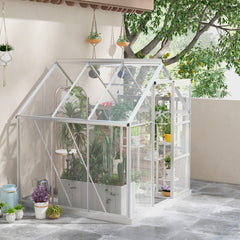 6' x 4' Walk-In Greenhouse, Polycarbonate Greenhouse with Sliding Door, Window, Aluminium Frame, Foundation, Silver