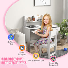Kids Desk and Chair Set for 5-8 Year Old with Storage, Study Table and Chair for Children, Grey