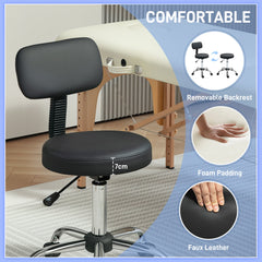 Adjustable Rolling Stool with Removable Backrest, Faux Leather Swivel Stool Chair for Salon Spa, Bar, Massage, Black