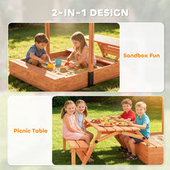 Kids Sandbox with Canopy, Wooden Sand Box with Foldable Picnic Table, Bench Seats, Liner, Cover, Gift for Ages 3-8