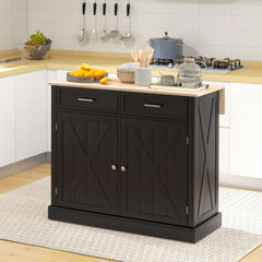 Kitchen Island with Drop Leaf, Rolling Kitchen Cart with 2 Drawers, Adjustable Shelves and Wood Countertop, Black