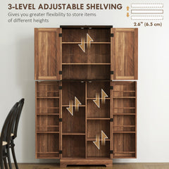 64" Tall Kitchen Pantry Cabinet with Spice Racks and Adjustable Shelves, Black Wood Grain
