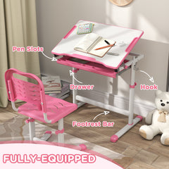 Height Adjustable Study Table and Chair Set with Drawer, Pen Slot, Tiltable Desktop, Hook, Blue