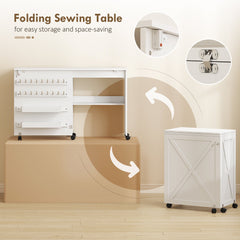 Sewing Machine Table on Wheels, Folding Craft Table with 2 Bins, Storage Shelf, 18 Pegs, Lockable Wheels, Brown
