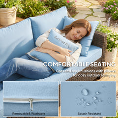 PE Wicker Outdoor Couch Sofa, 4-Seater Modular Patio Furniture Lounge Set with 2 Loveseats, Cushions, Pillows, Blue