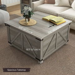 Farmhouse Coffee Table, Square Center Table with Flip-top Lids, Hidden Storage Compartment and Wooden Legs, Oak